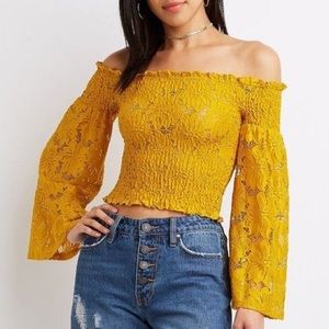 Smocked off-the-shoulder lace sleeved crop top